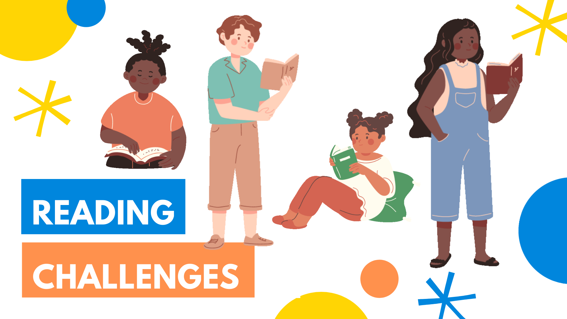 Reading Challenges Beanstack graphic depicting four kids reading