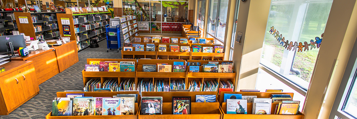 Kids bookshelves at East Regional